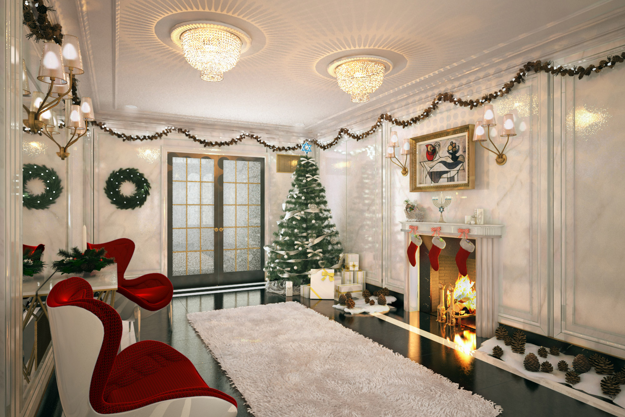 Lobby Renovation in an UES Pre-War Apartment Building - Rendering For the Holidays